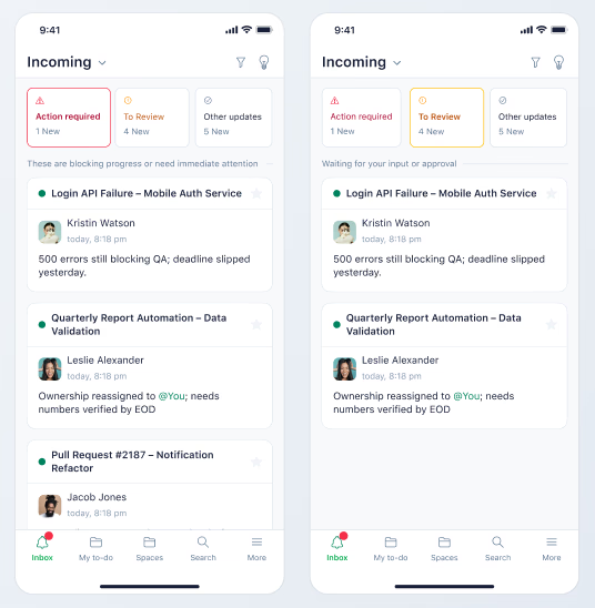 Priority tabs interface showing Action required, To review, and Other updates tabs