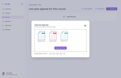 Upload agenda modal showing file format support
