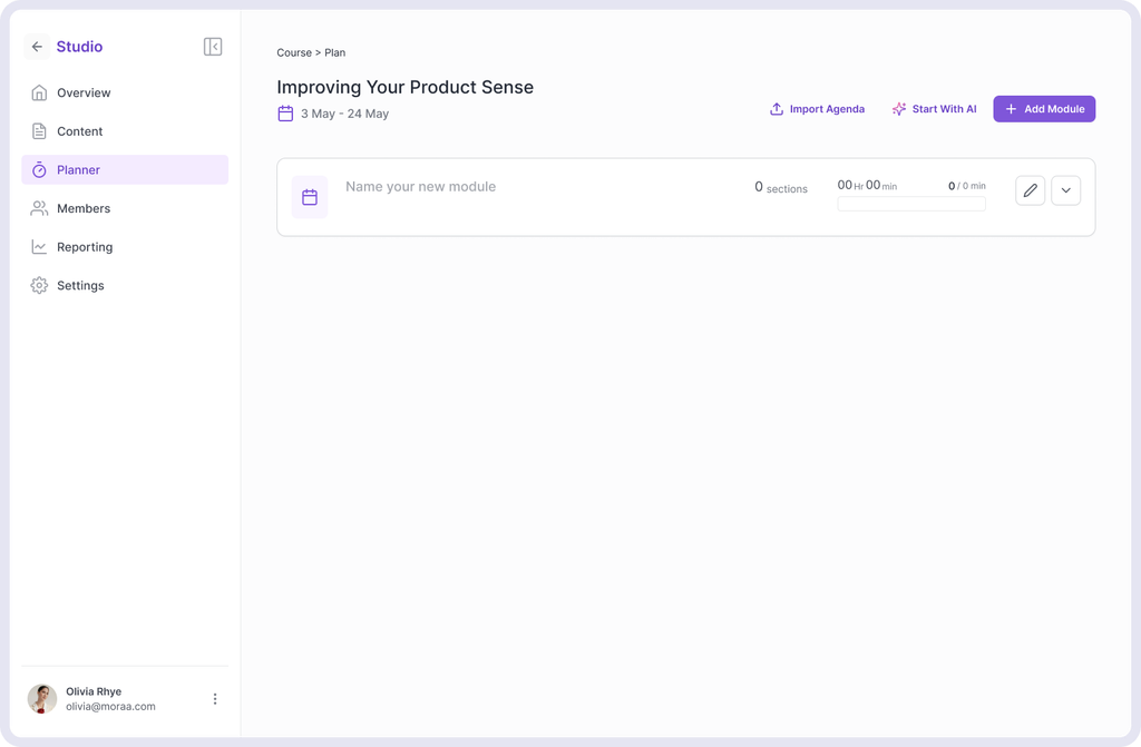 Progressive scaffolding - Empty state showing 'Name your new module' with 0 sections and time indicators
