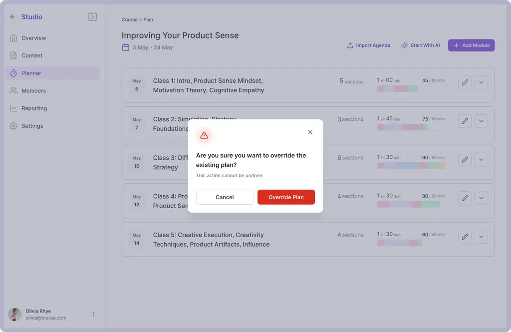 Warning modal - Are you sure you want to override the existing plan? This action cannot be undone.