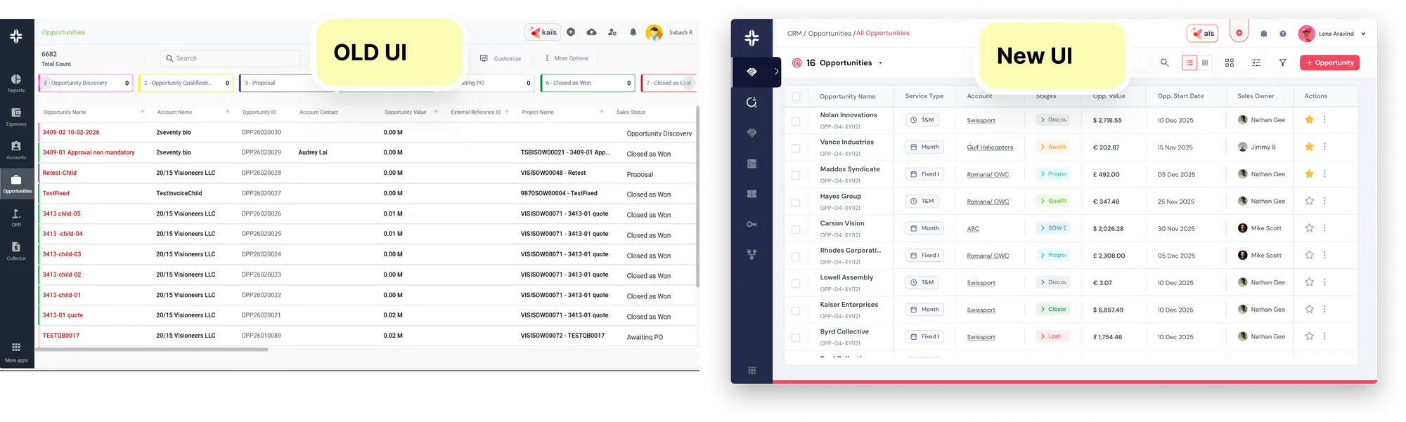 Sample Opportunity Landing Page Screen - Old UI vs New UI