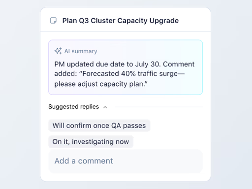 Notification card with AI summary and quick action