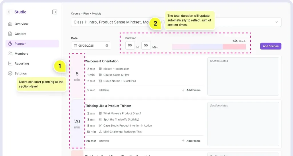 Users can start planning at the section level