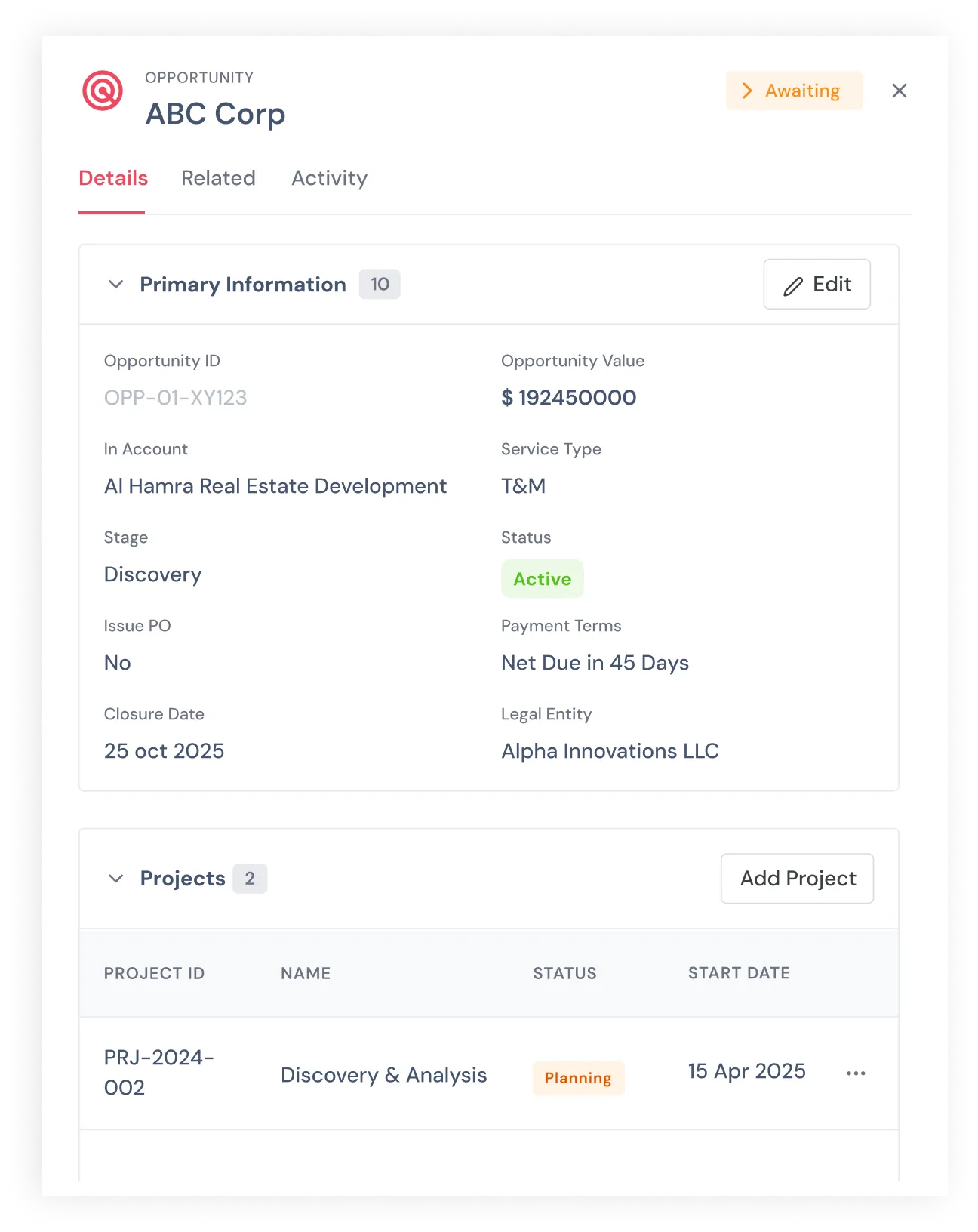 CRM Opportunity Detail Page
