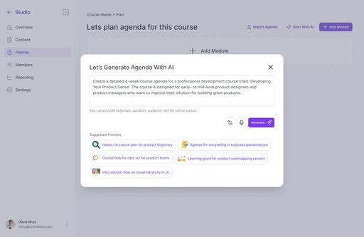 AI-generated agenda modal with course description input