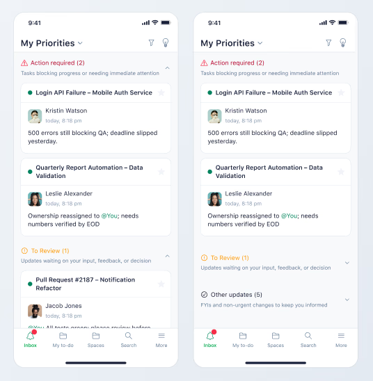Priority categories showing Action required, To Review, and Other updates