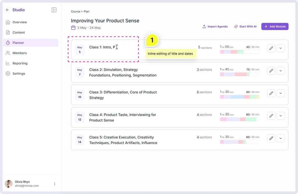 Inline editing of title and dates in course plan view