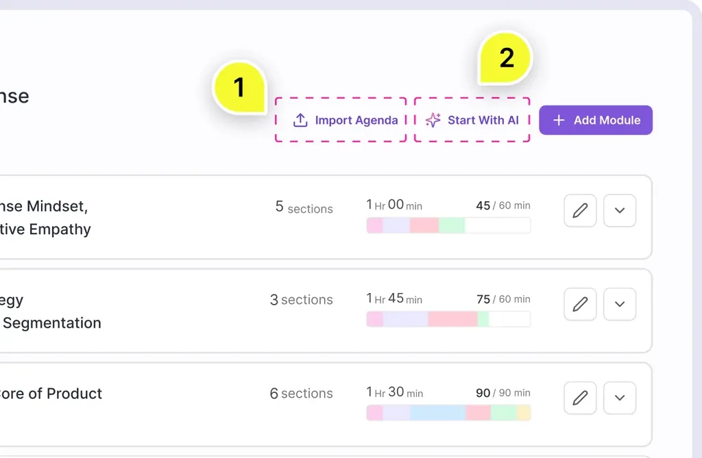 Dual entry points for course planning: Import Agenda and Start With AI