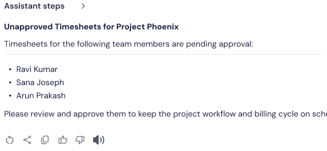 Kais AI reasoning — Collapsed final answer listing team members with pending timesheets