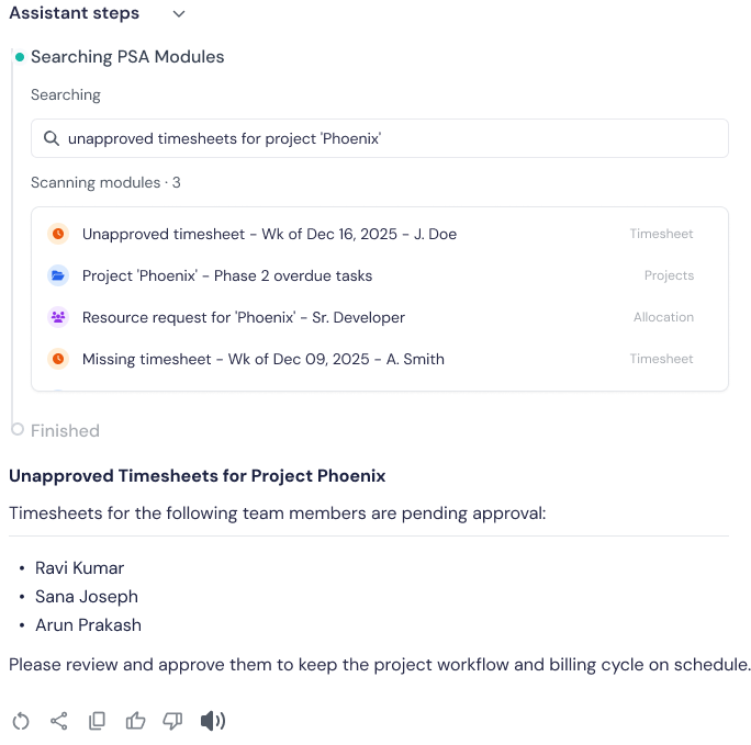 Kais AI reasoning — Assistant steps: scanning PSA modules to find unapproved timesheets