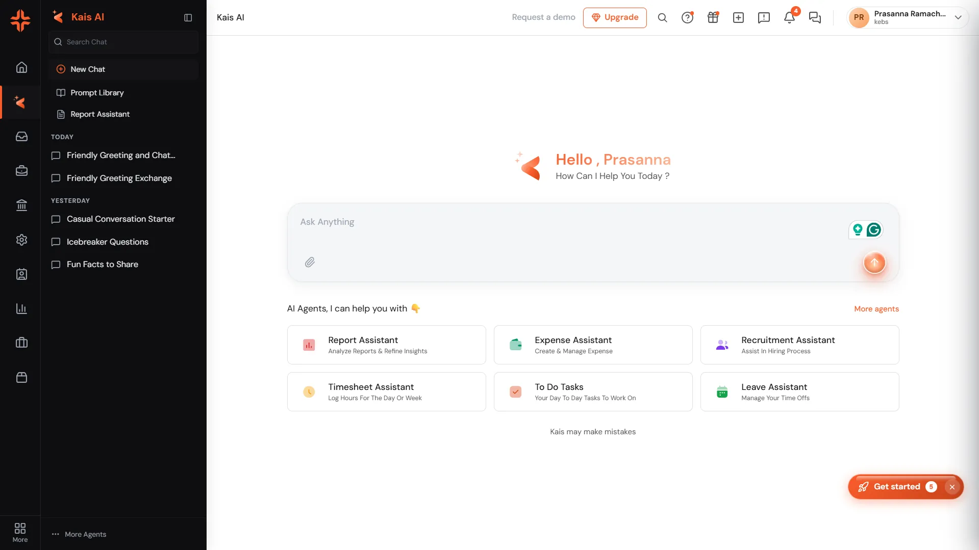Kaïs Assistant panel — inline chat with agents, quick actions, and context-aware insights