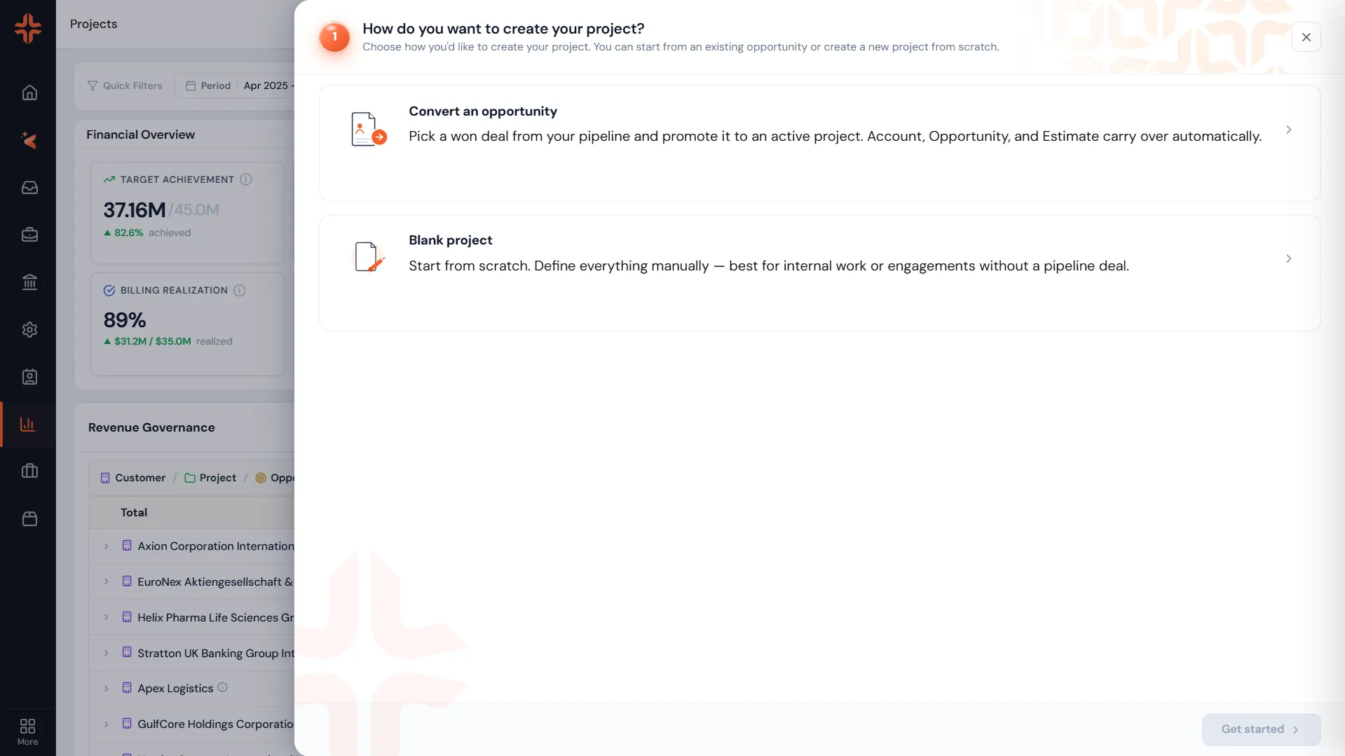 Create a project — three-field modal